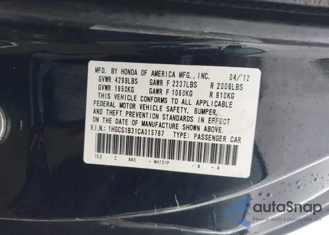 2012 Honda Accord 2.4 Lx-S из США, поврежденный, VIN 1HGCS1B31CA015787